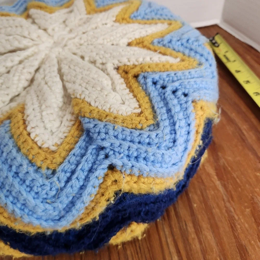 Hand Crochet Pillow Starburst Blue White Gold 13x3 Vtg‎ Grandmacore Cottagecore
